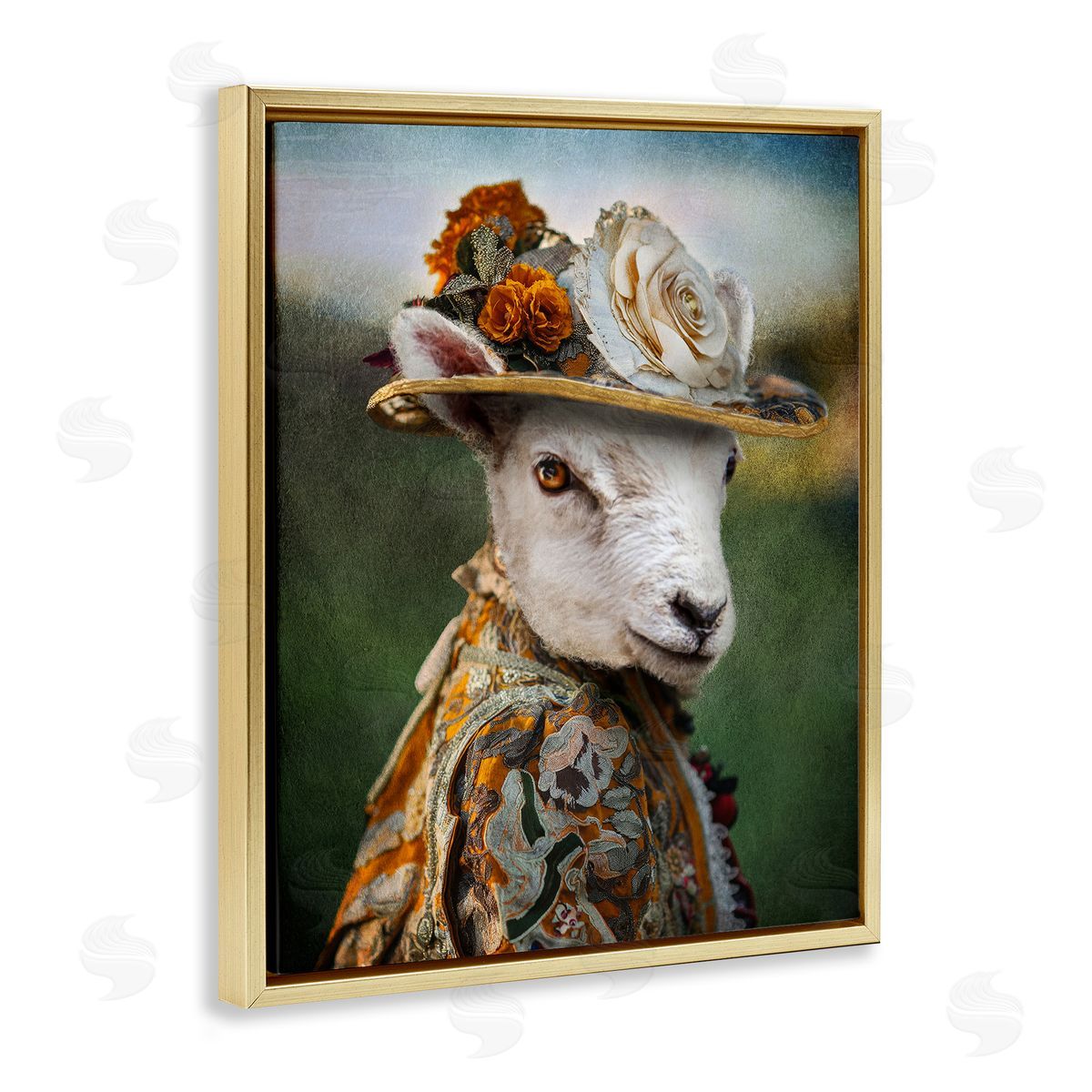 Fashionable Sheep Portrait Gold Floating Frame Canvas Wall Art, Home Decor by Karen Burke
