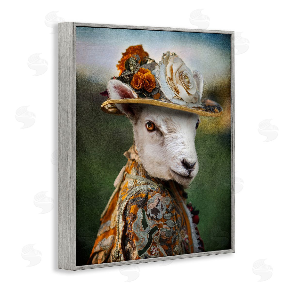 Fashionable Sheep Portrait Grey Frame Print Wall Art, Home Decor by Karen Burke