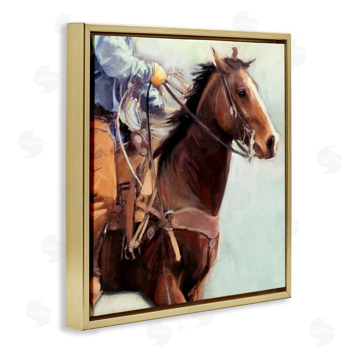 Galloping Western Cowboy Gold Floating Frame Canvas Wall Art, Home Decor by Nina Blue