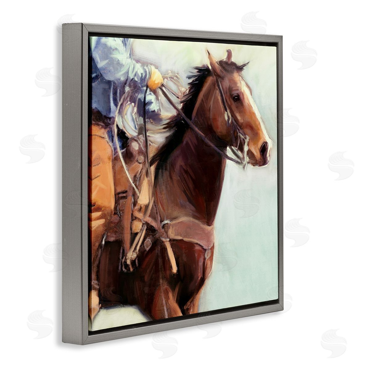 Galloping Western Cowboy Grey Floating Frame Canvas Wall Art, Home Decor by Nina Blue