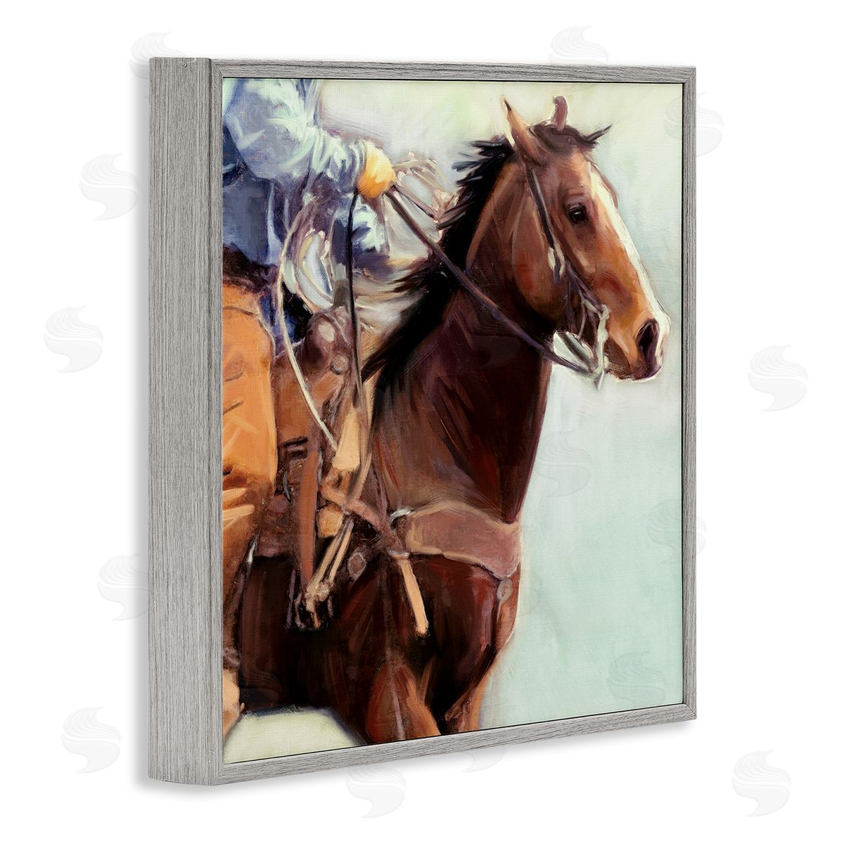 Galloping Western Cowboy Grey Frame Print Wall Art, Home Decor by Nina Blue