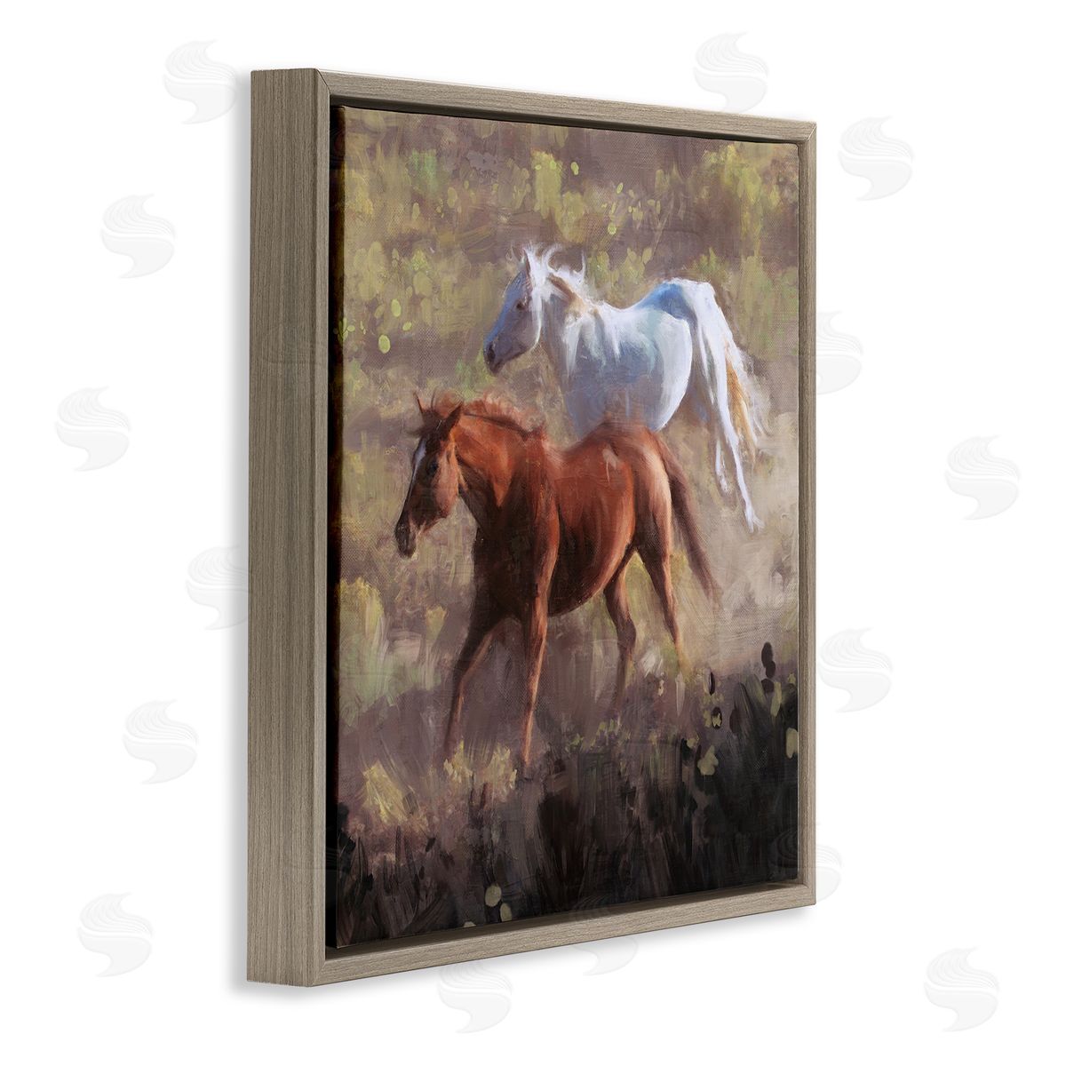 Brown and White Wild Horses Brown Floating Frame Canvas Wall Art, Home Decor by Nina Blue