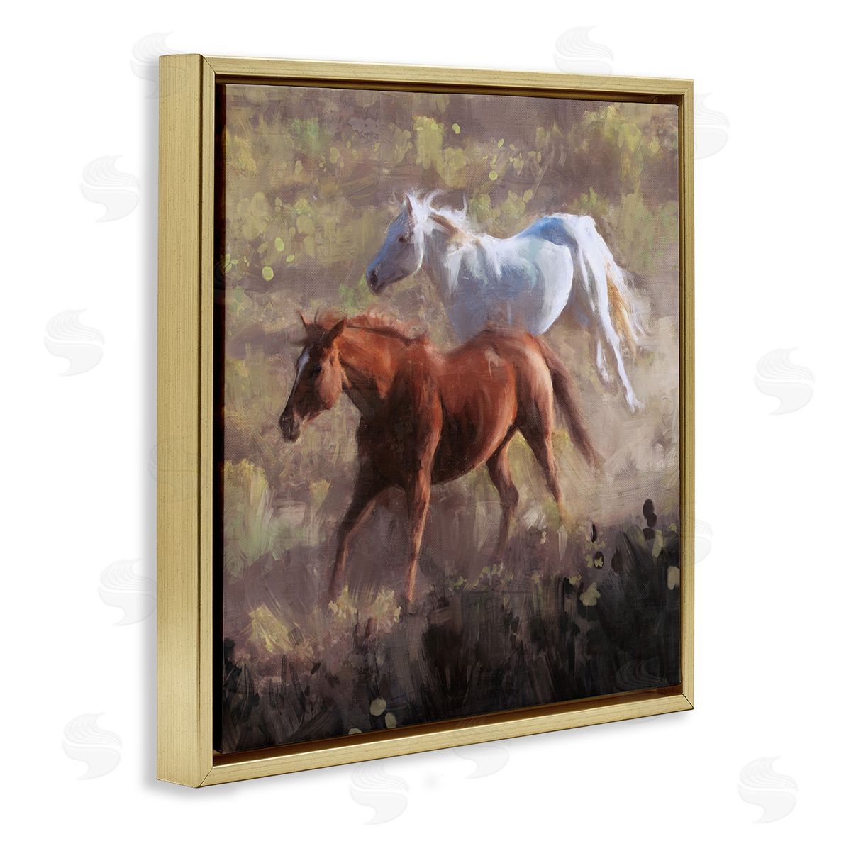 Brown and White Wild Horses Gold Floating Frame Canvas Wall Art, Home Decor by Nina Blue