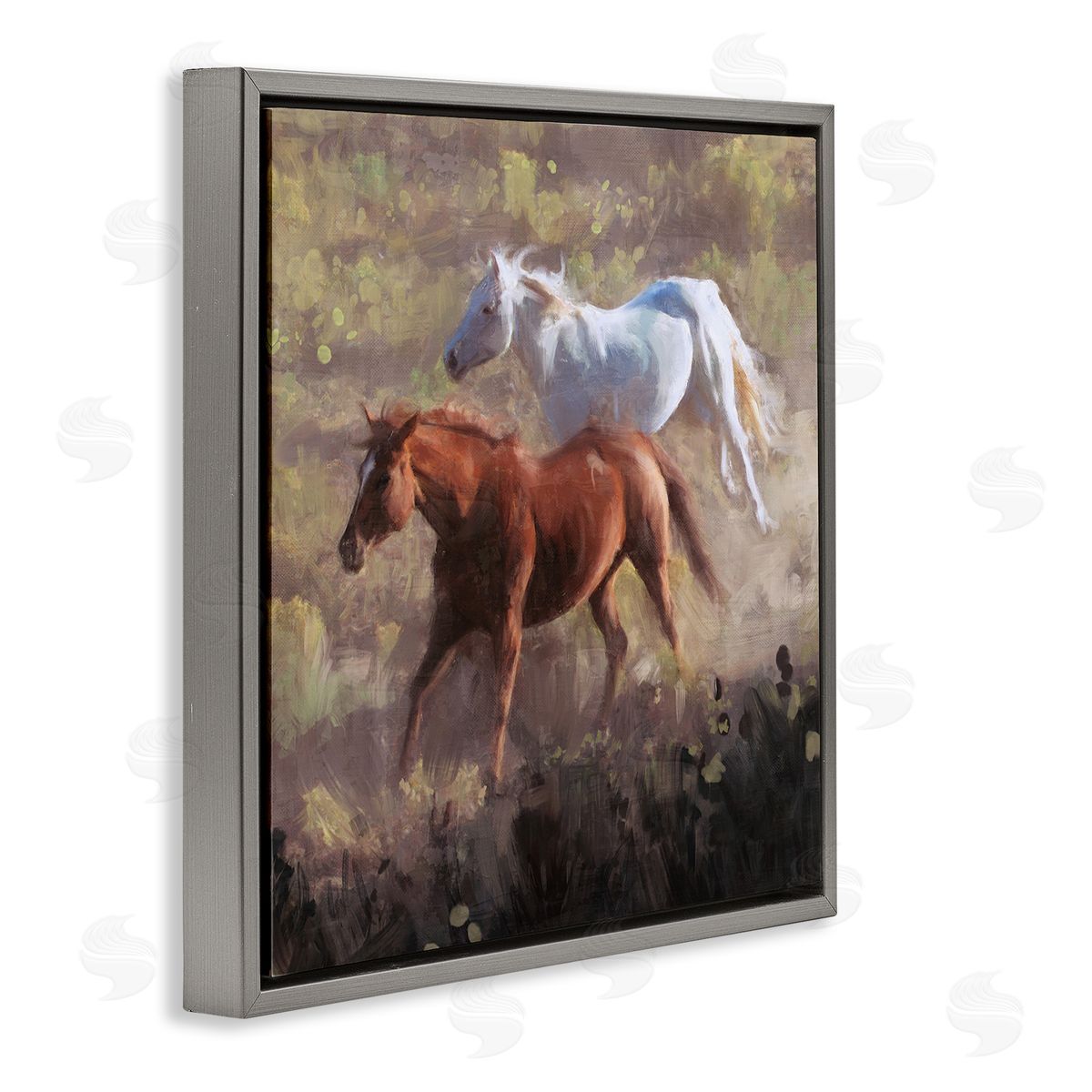 Brown and White Wild Horses Grey Floating Frame Canvas Wall Art, Home Decor by Nina Blue