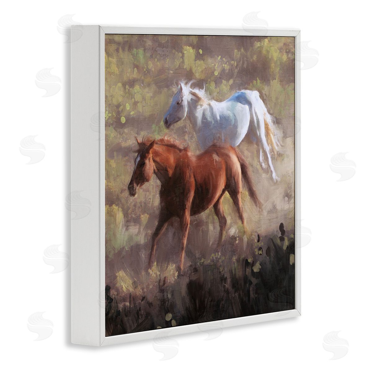 Brown and White Wild Horses White Frame Print Wall Art, Home Decor by Nina Blue