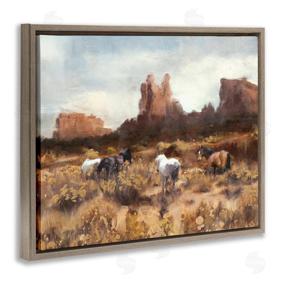 Desert Horses Landscape Brown Floating Frame Canvas Wall Art, Home Decor by Nina Blue