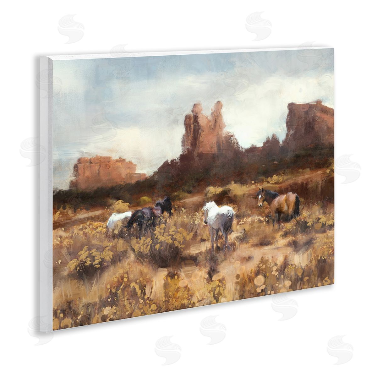 Desert Horses Landscape Wood Plaque Wall Art, Home Decor by Nina Blue