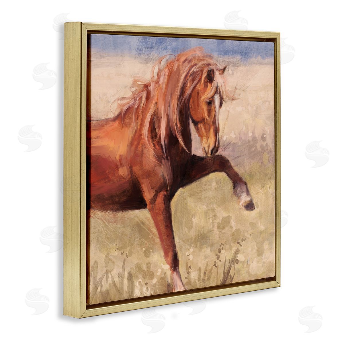 The Red Stallion Portrait Gold Floating Frame Canvas Wall Art, Home Decor by Nina Blue