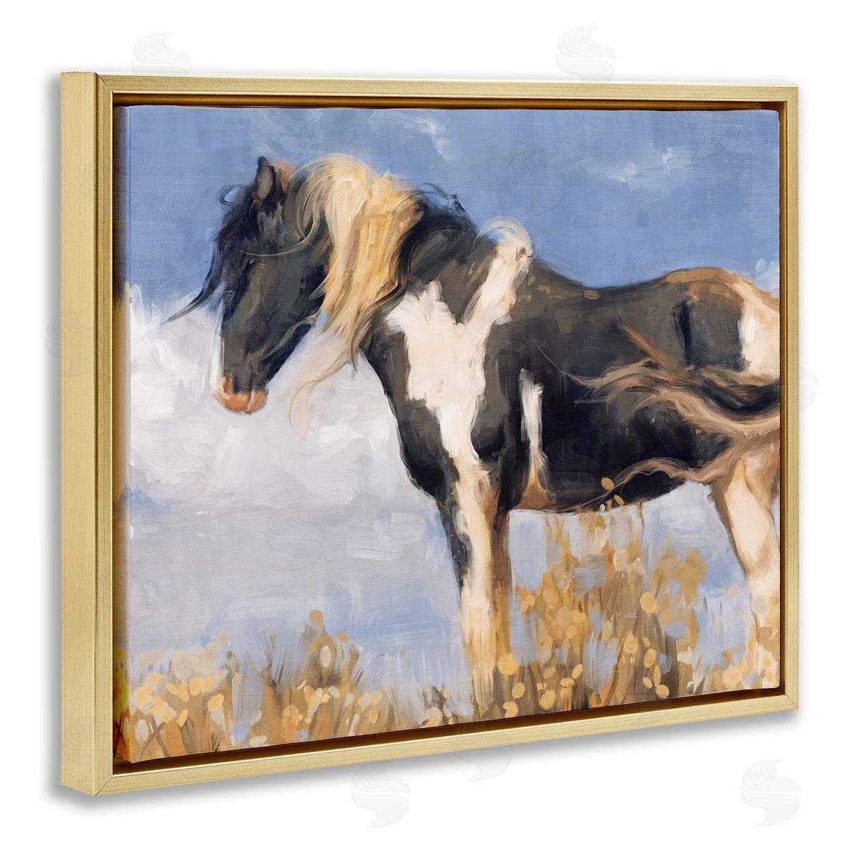 Traditional Windswept Stallion Gold Floating Frame Canvas Wall Art, Home Decor by Nina Blue
