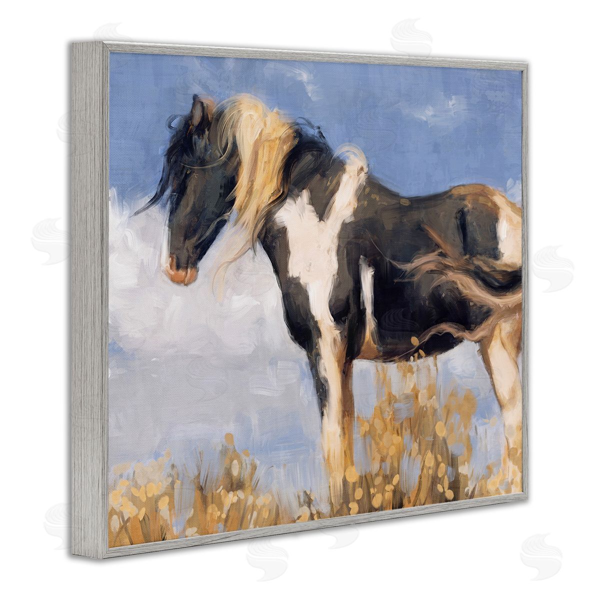 Traditional Windswept Stallion Grey Frame Print Wall Art, Home Decor by Nina Blue