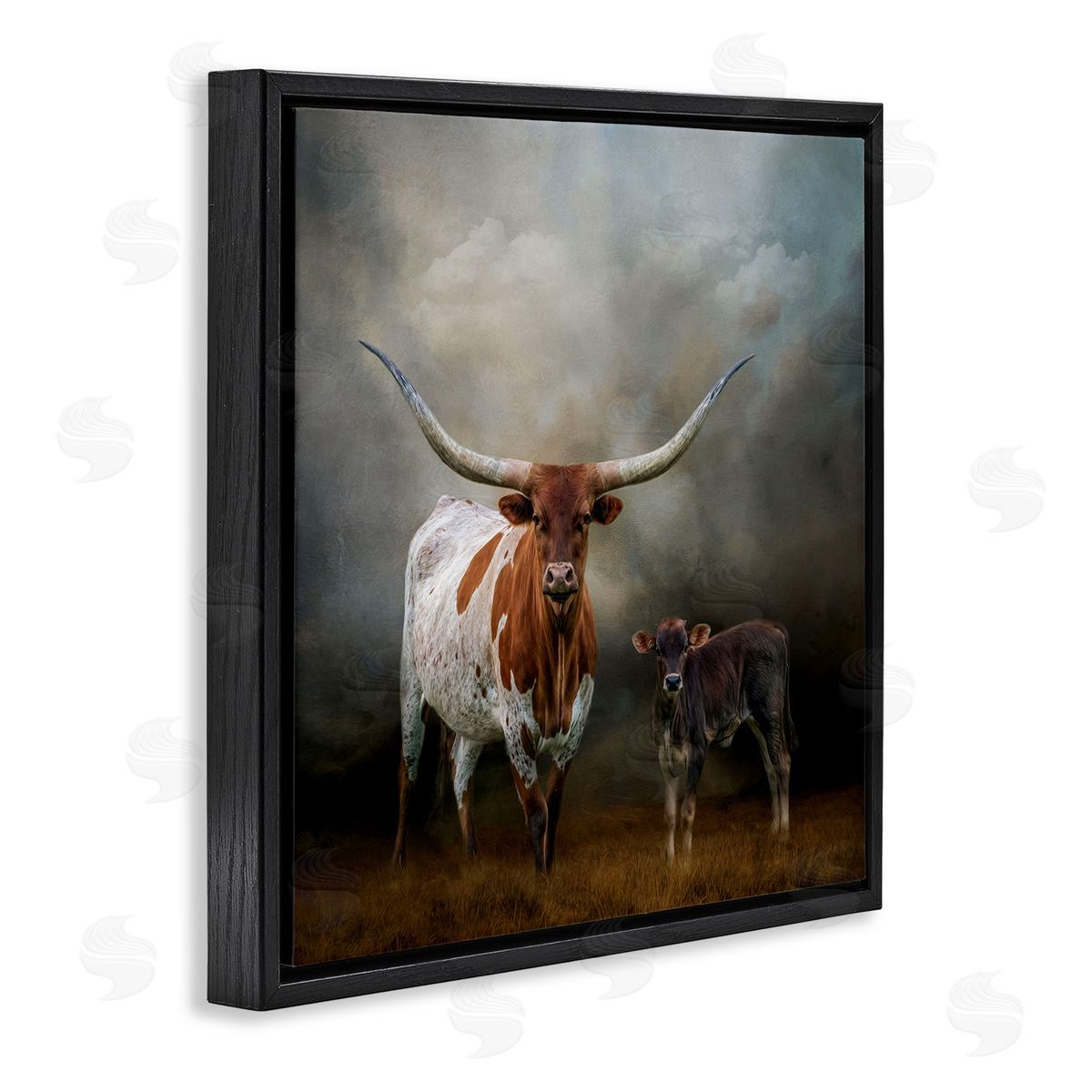 Longhorn and Calf Babysitter Black Floating Frame Canvas Wall Art, Home Decor by Kelley Parker