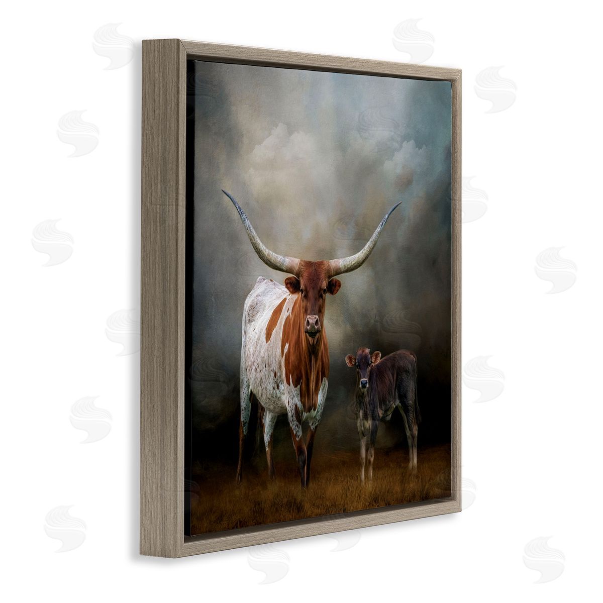 Longhorn and Calf Babysitter Brown Floating Frame Canvas Wall Art, Home Decor by Kelley Parker
