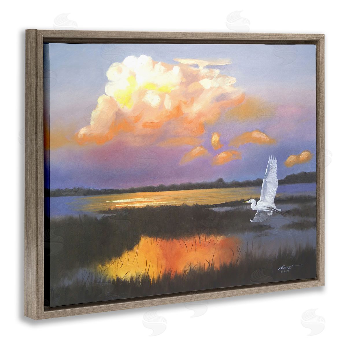 Egret Over Cloudy Reflection Brown Floating Frame Canvas Wall Art, Home Decor by D. Rust