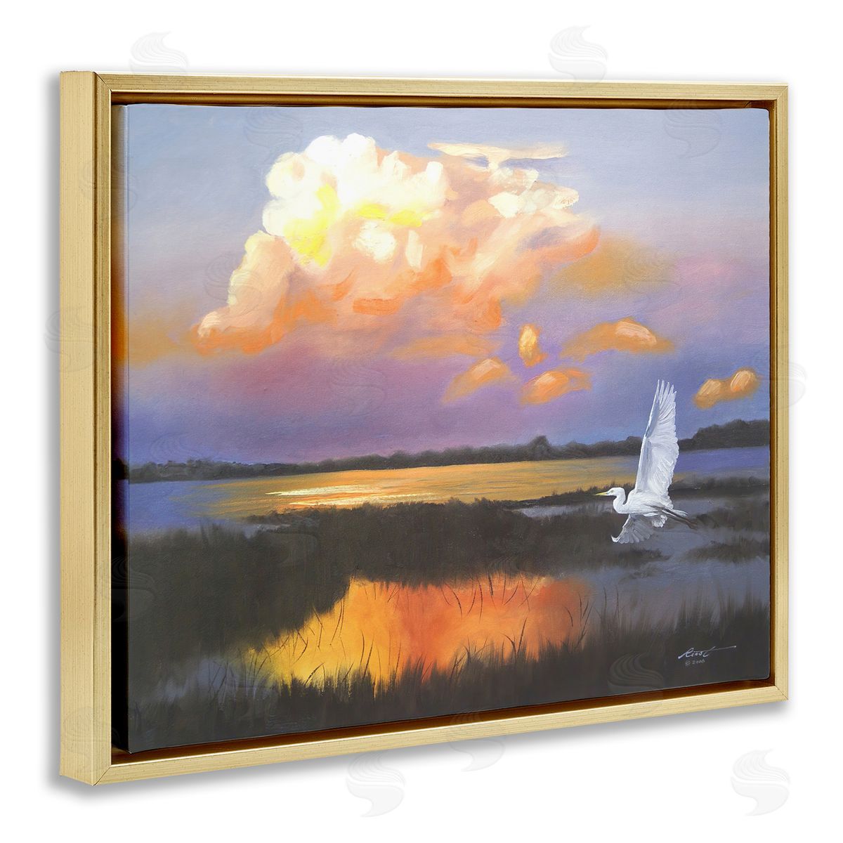 Egret Over Cloudy Reflection Gold Floating Frame Canvas Wall Art, Home Decor by D. Rust