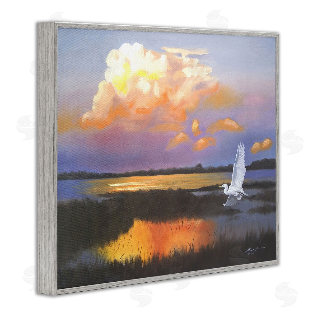 Egret Over Cloudy Reflection Grey Frame Print Wall Art, Home Decor by D. Rust