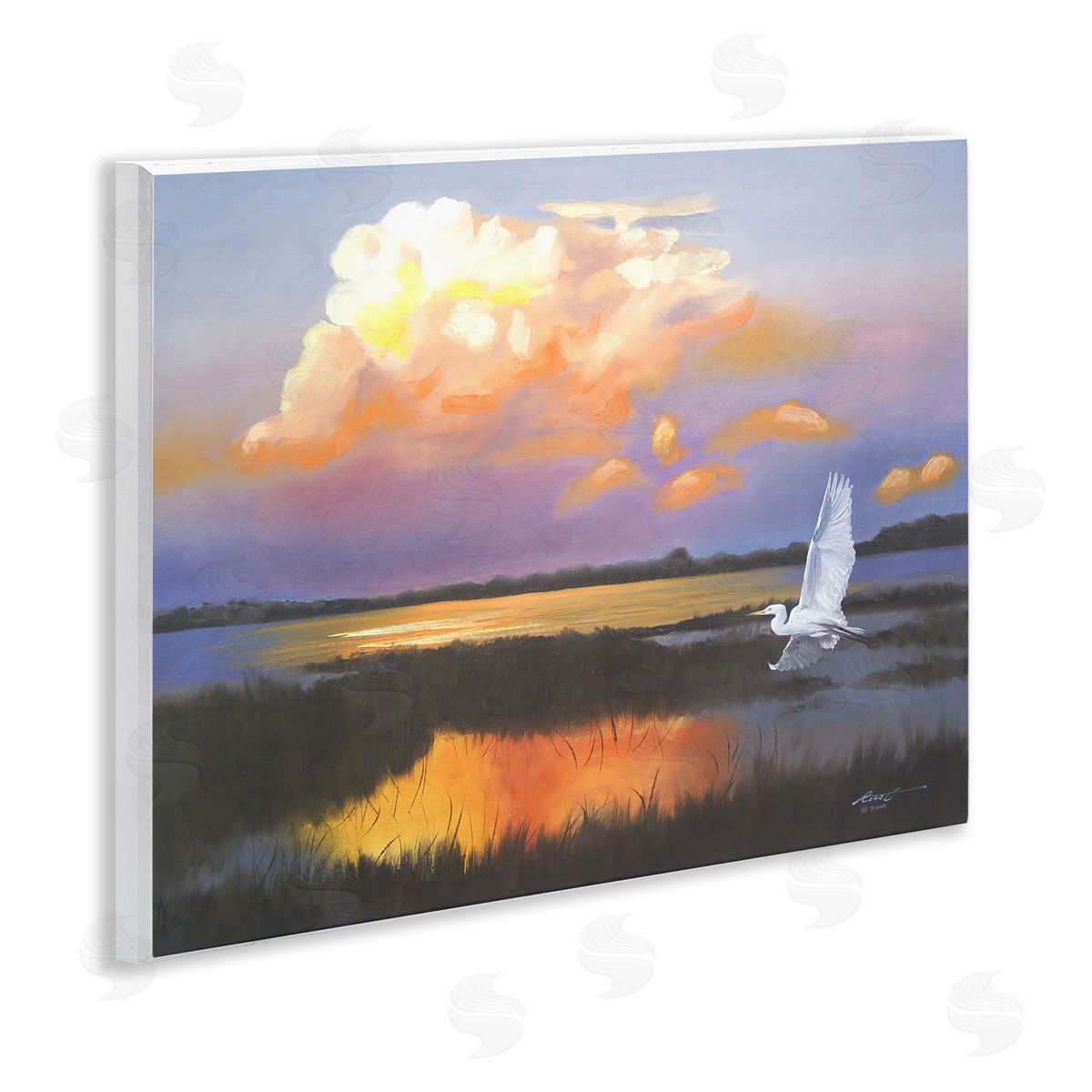 Egret Over Cloudy Reflection Wood Plaque Wall Art, Home Decor by D. Rust
