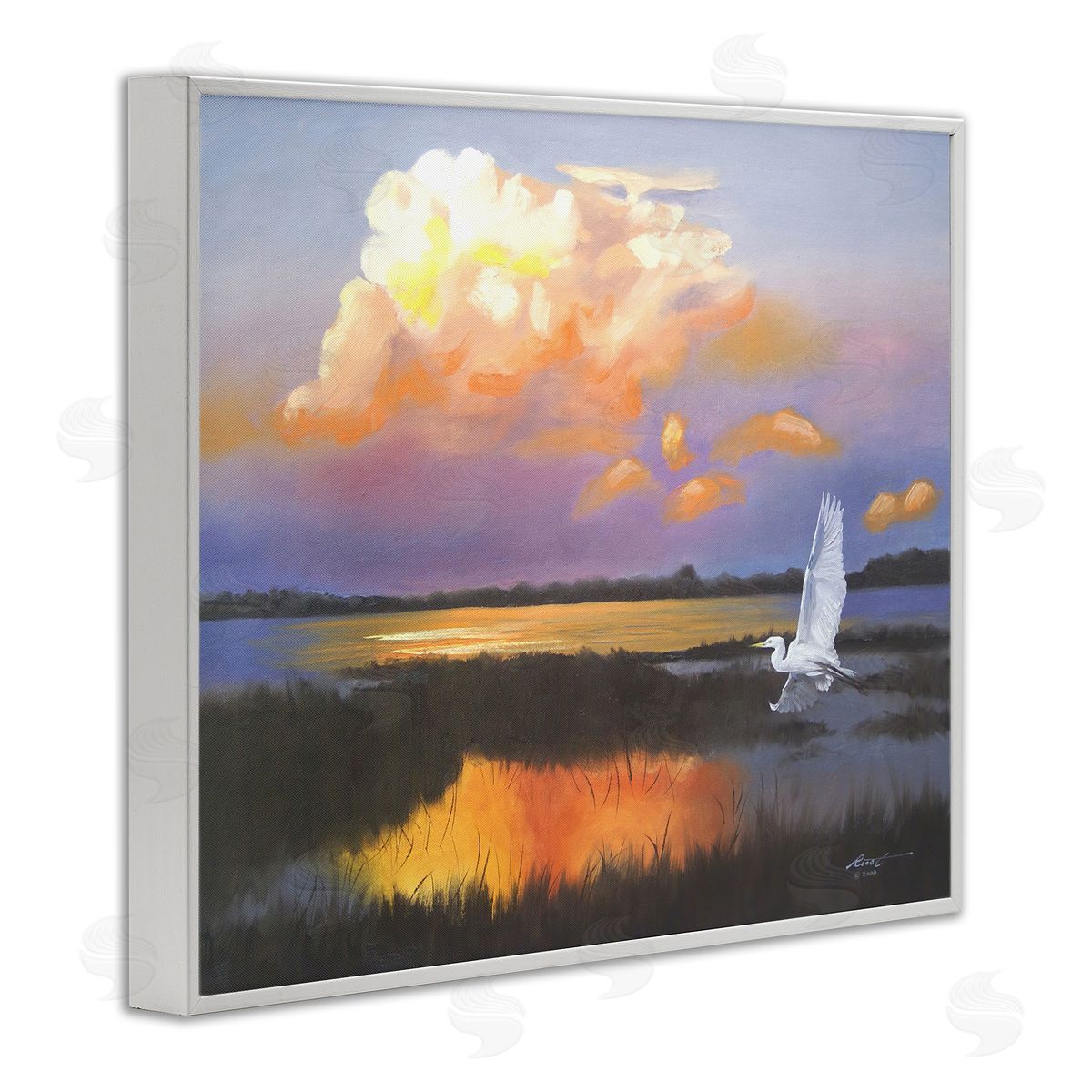 Egret Over Cloudy Reflection White Frame Print Wall Art, Home Decor by D. Rust