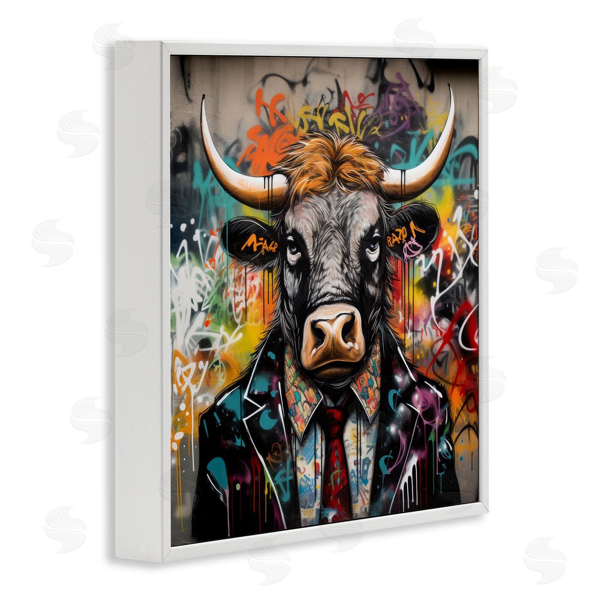Urban Graffiti Bull White Frame Print Wall Art, Home Decor by Lazar Studio