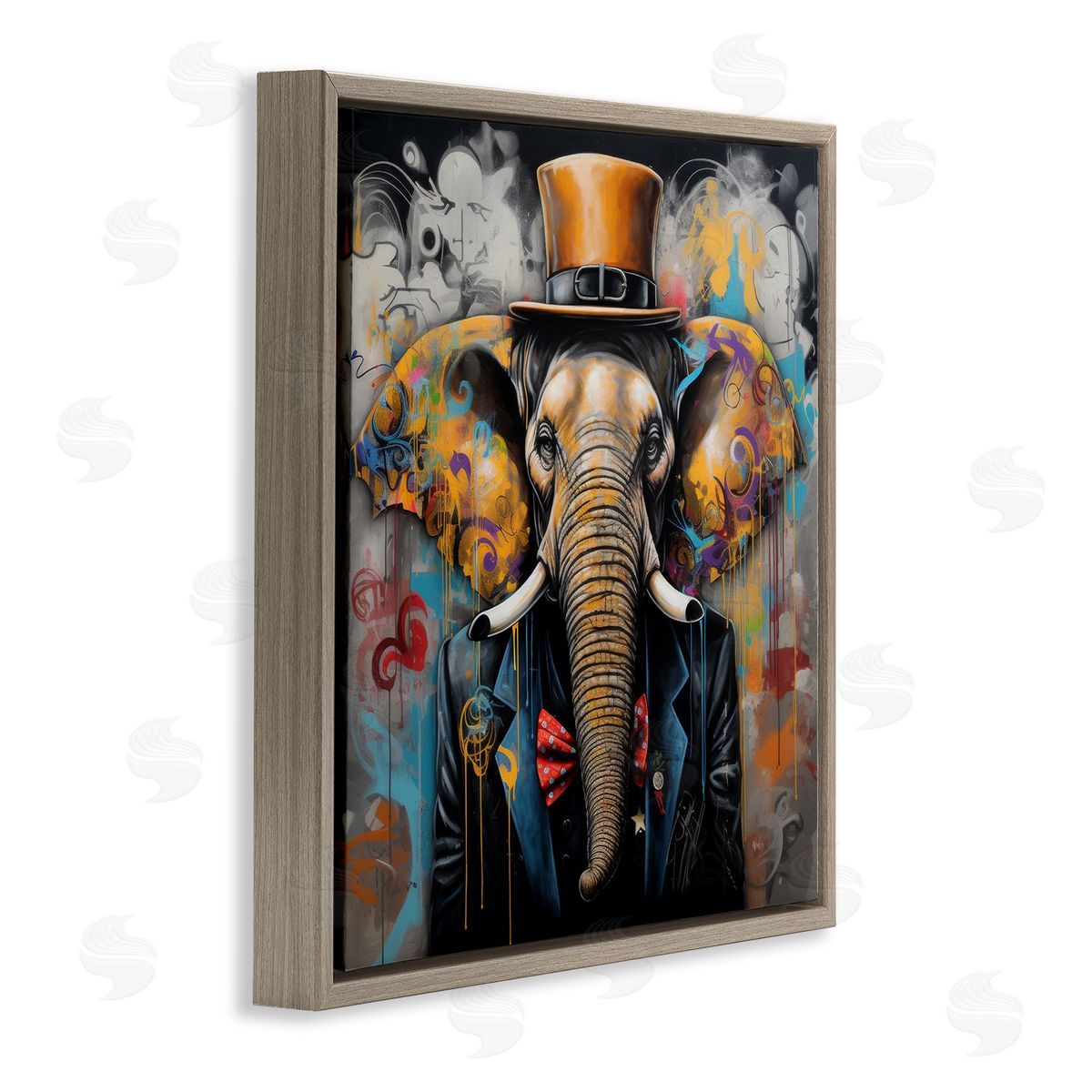 Urban Graffiti Elephant Brown Floating Frame Canvas Wall Art, Home Decor by Lazar Studio