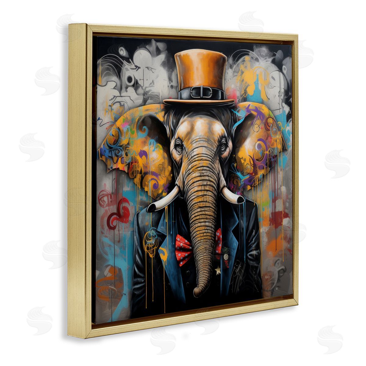 Urban Graffiti Elephant Gold Floating Frame Canvas Wall Art, Home Decor by Lazar Studio