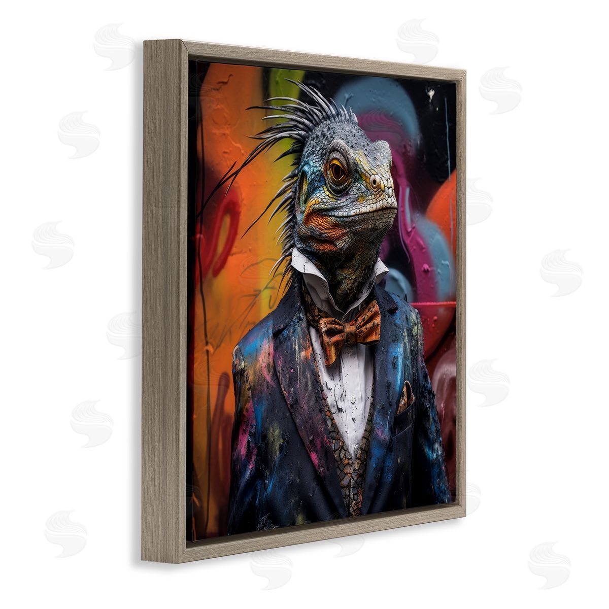 Urban Graffiti Iguana Brown Floating Frame Canvas Wall Art, Home Decor by Lazar Studio