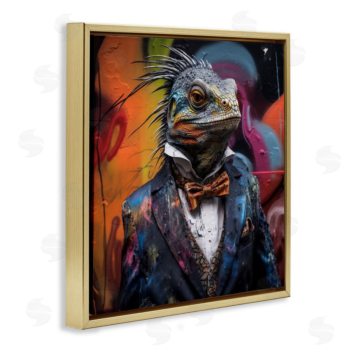 Urban Graffiti Iguana Gold Floating Frame Canvas Wall Art, Home Decor by Lazar Studio