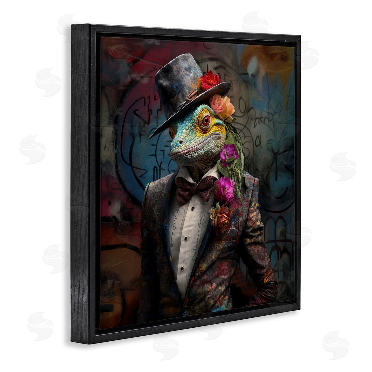 Urban Graffiti Lizard Black Floating Frame Canvas Wall Art, Home Decor by Lazar Studio
