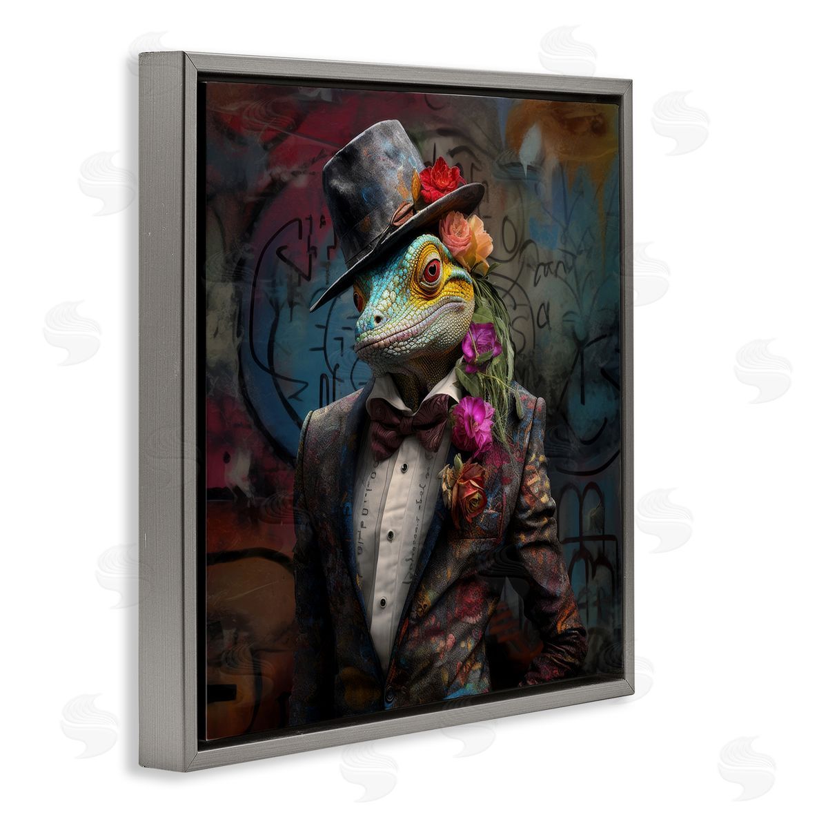 Urban Graffiti Lizard Grey Floating Frame Canvas Wall Art, Home Decor by Lazar Studio