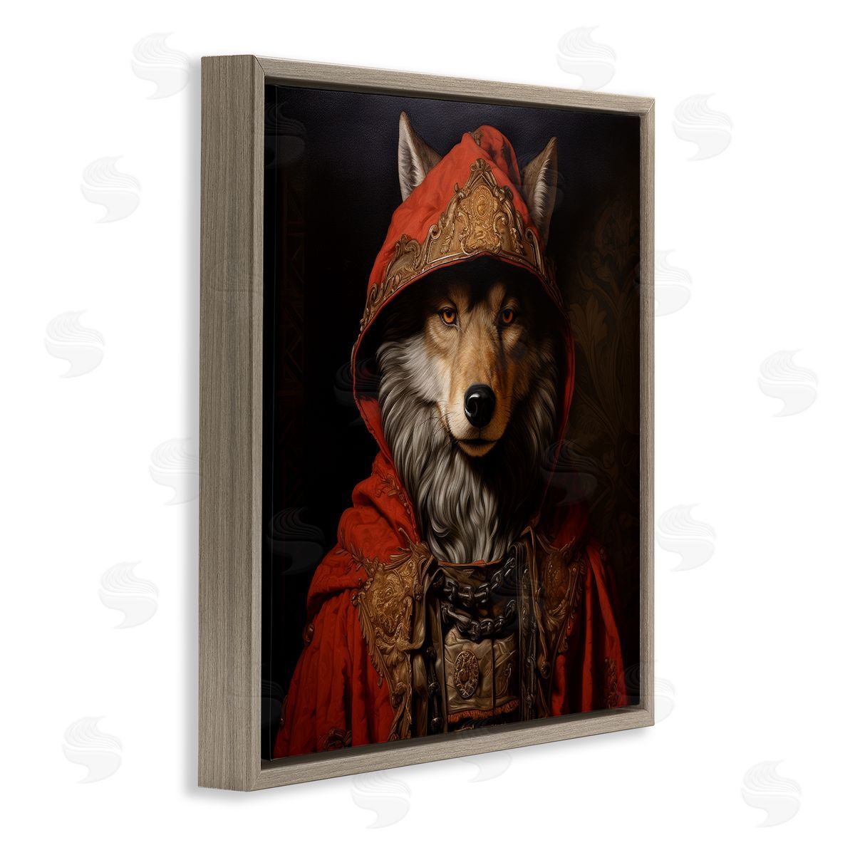 Wolf with Red Cloak Brown Floating Frame Canvas Wall Art, Home Decor by Lazar Studio