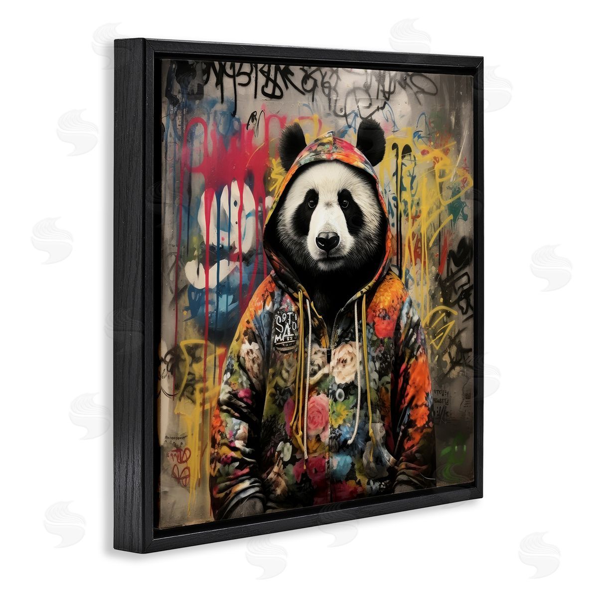 Urban Graffiti Panda Black Floating Frame Canvas Wall Art, Home Decor by Lazar Studio