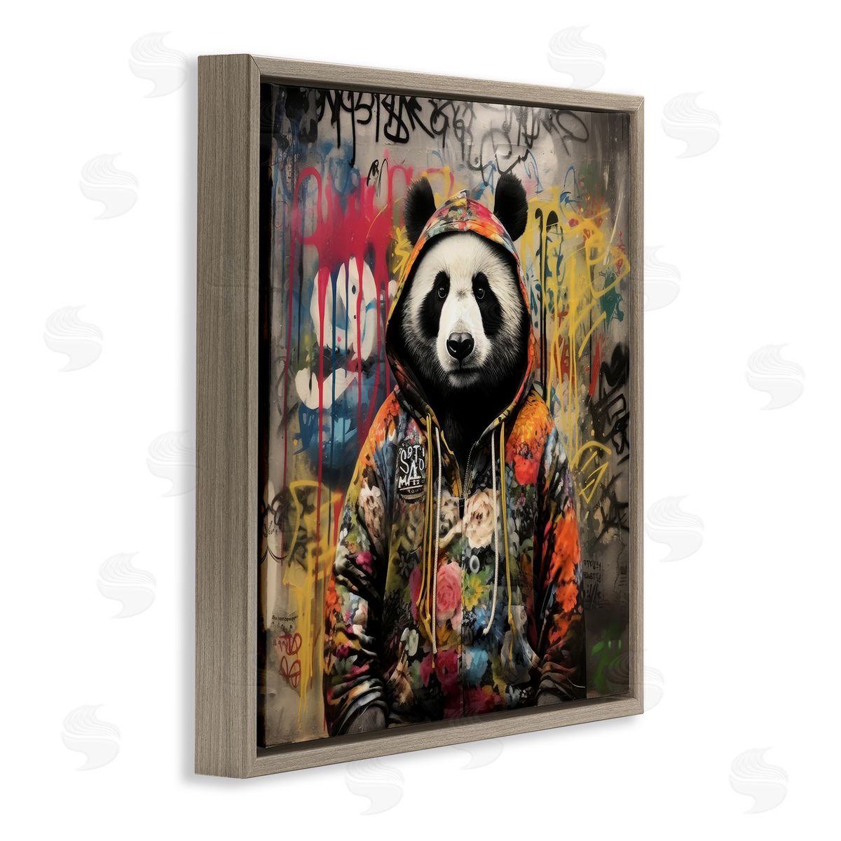 Urban Graffiti Panda Brown Floating Frame Canvas Wall Art, Home Decor by Lazar Studio
