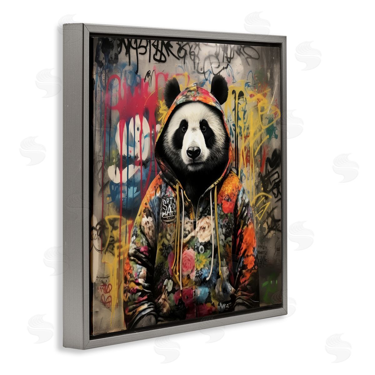 Urban Graffiti Panda Grey Floating Frame Canvas Wall Art, Home Decor by Lazar Studio