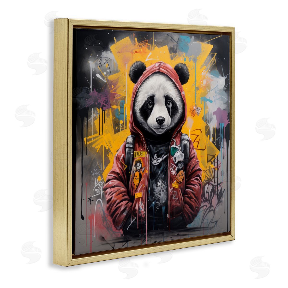 Urban Graffiti Panda Bear Gold Floating Frame Canvas Wall Art, Home Decor by Lazar Studio
