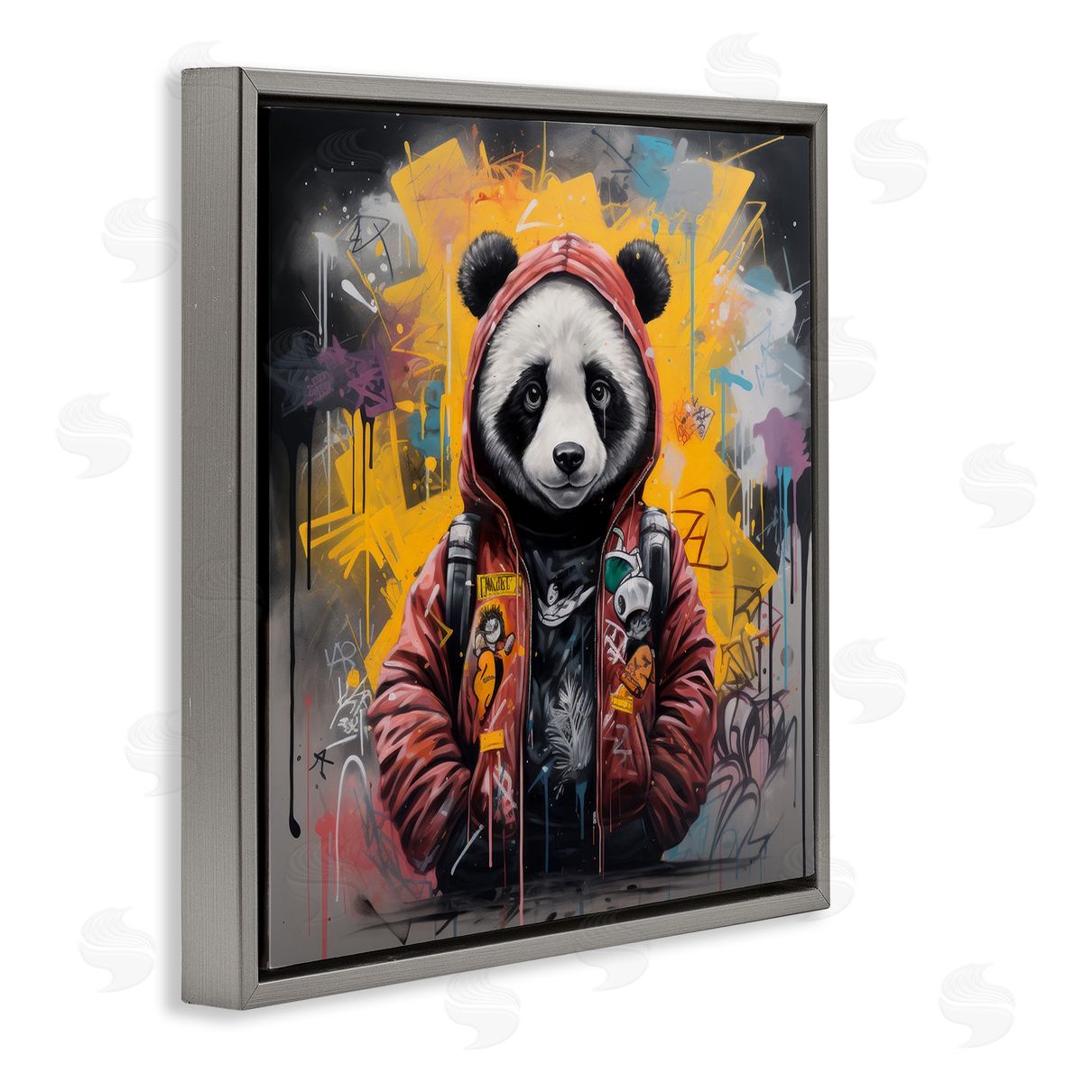 Urban Graffiti Panda Bear Grey Floating Frame Canvas Wall Art, Home Decor by Lazar Studio