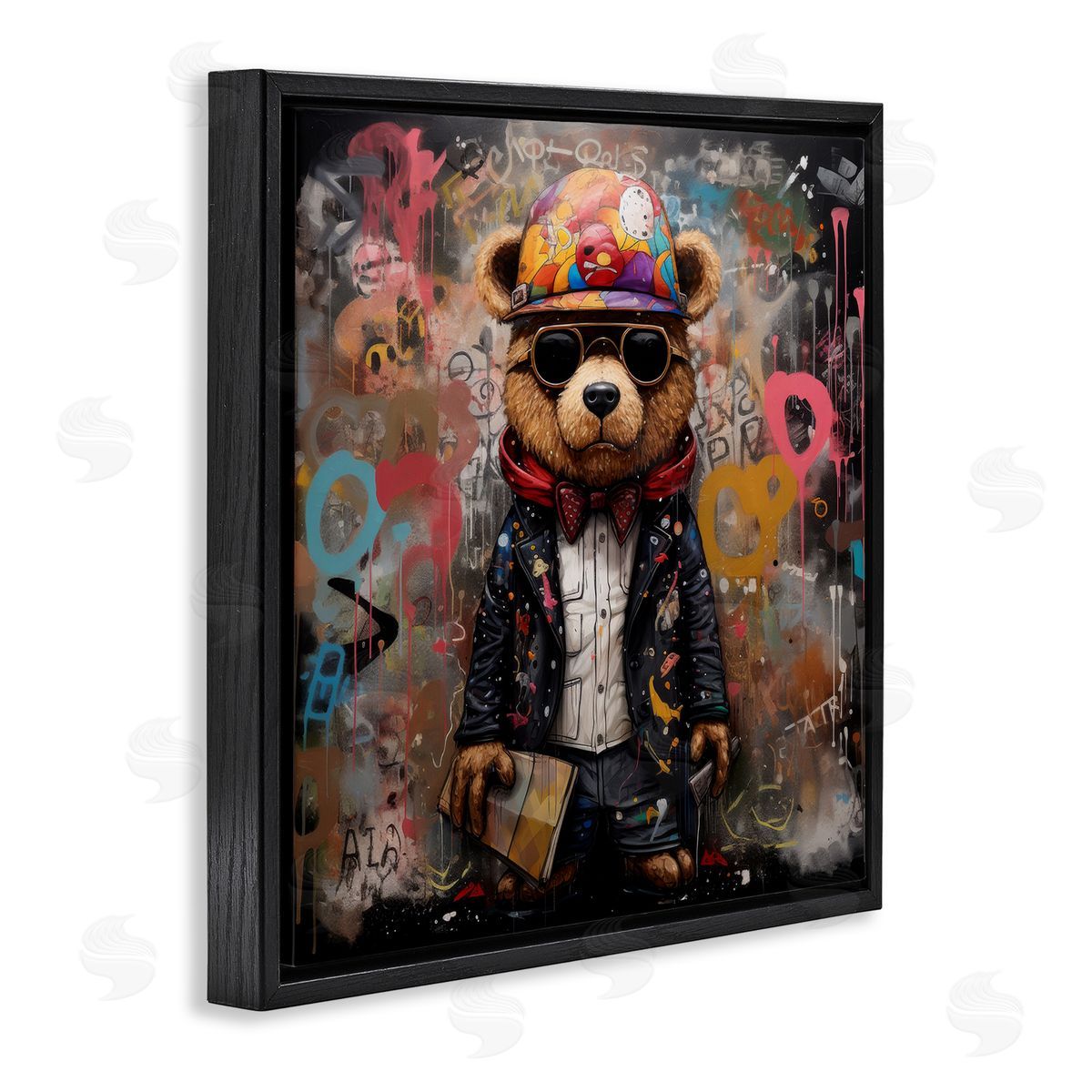 Urban Graffiti Bear Black Floating Frame Canvas Wall Art, Home Decor by Lazar Studio