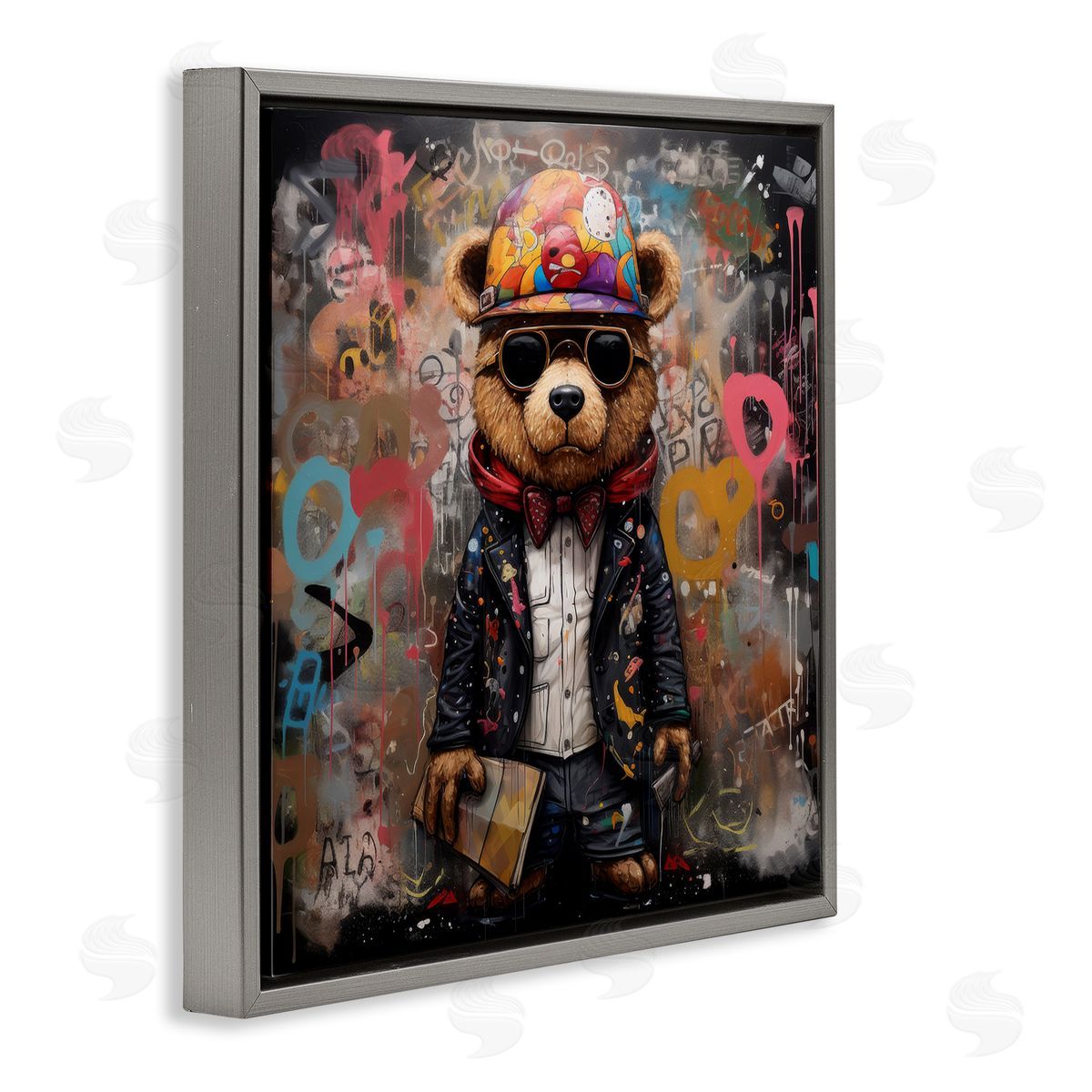 Urban Graffiti Bear Grey Floating Frame Canvas Wall Art, Home Decor by Lazar Studio