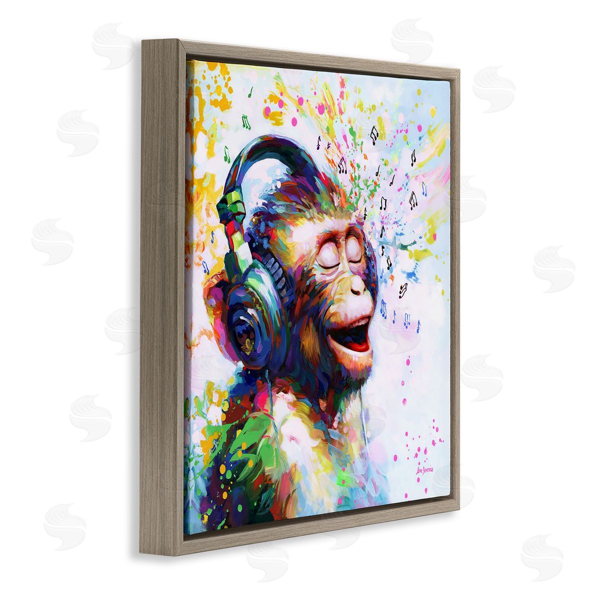 Blissful Beats Monkey Brown Floating Frame Canvas Wall Art, Home Decor by Leon Devenice