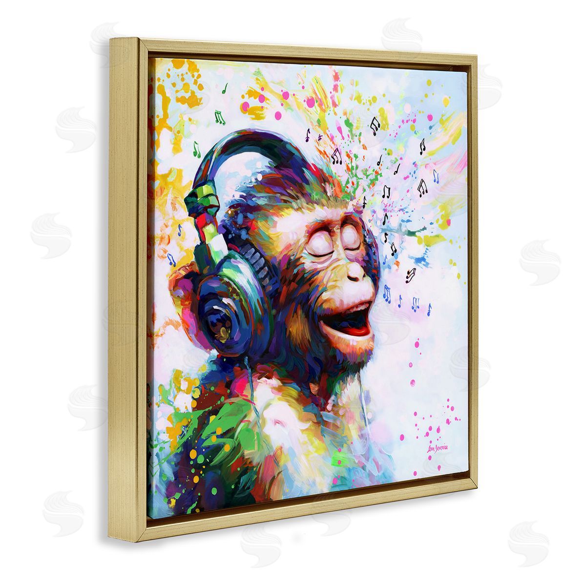 Blissful Beats Monkey Gold Floating Frame Canvas Wall Art, Home Decor by Leon Devenice