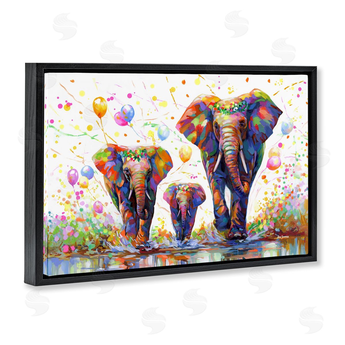 Elephants and Celebration Balloons Black Floating Frame Canvas Wall Art, Home Decor by Leon Devenice