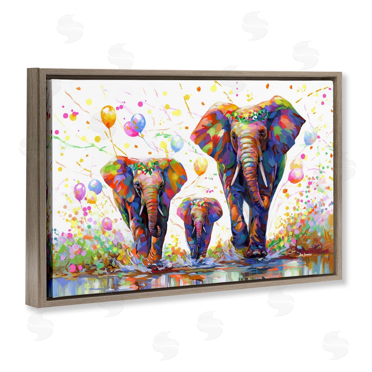 Elephants and Celebration Balloons Brown Floating Frame Canvas Wall Art, Home Decor by Leon Devenice