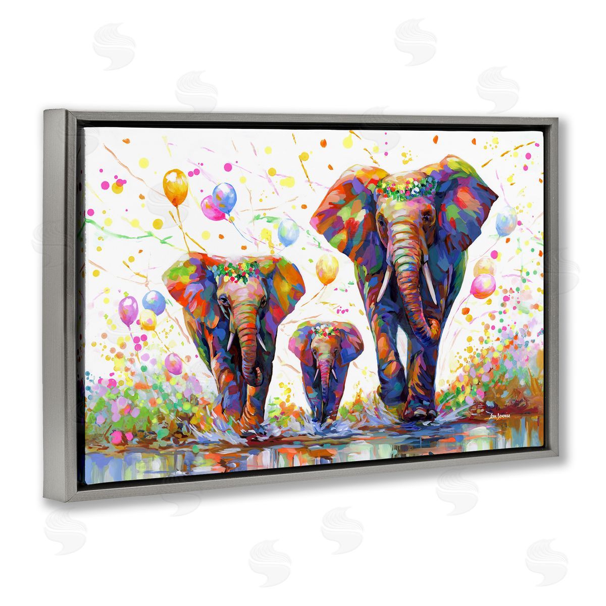 Elephants and Celebration Balloons Grey Floating Frame Canvas Wall Art, Home Decor by Leon Devenice