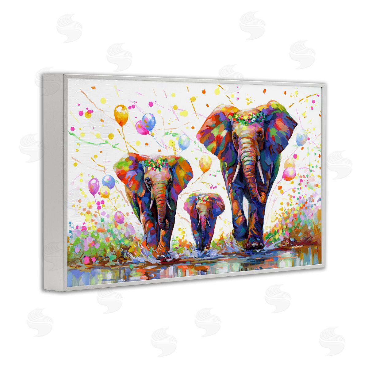 Elephants and Celebration Balloons White Frame Print Wall Art, Home Decor by Leon Devenice