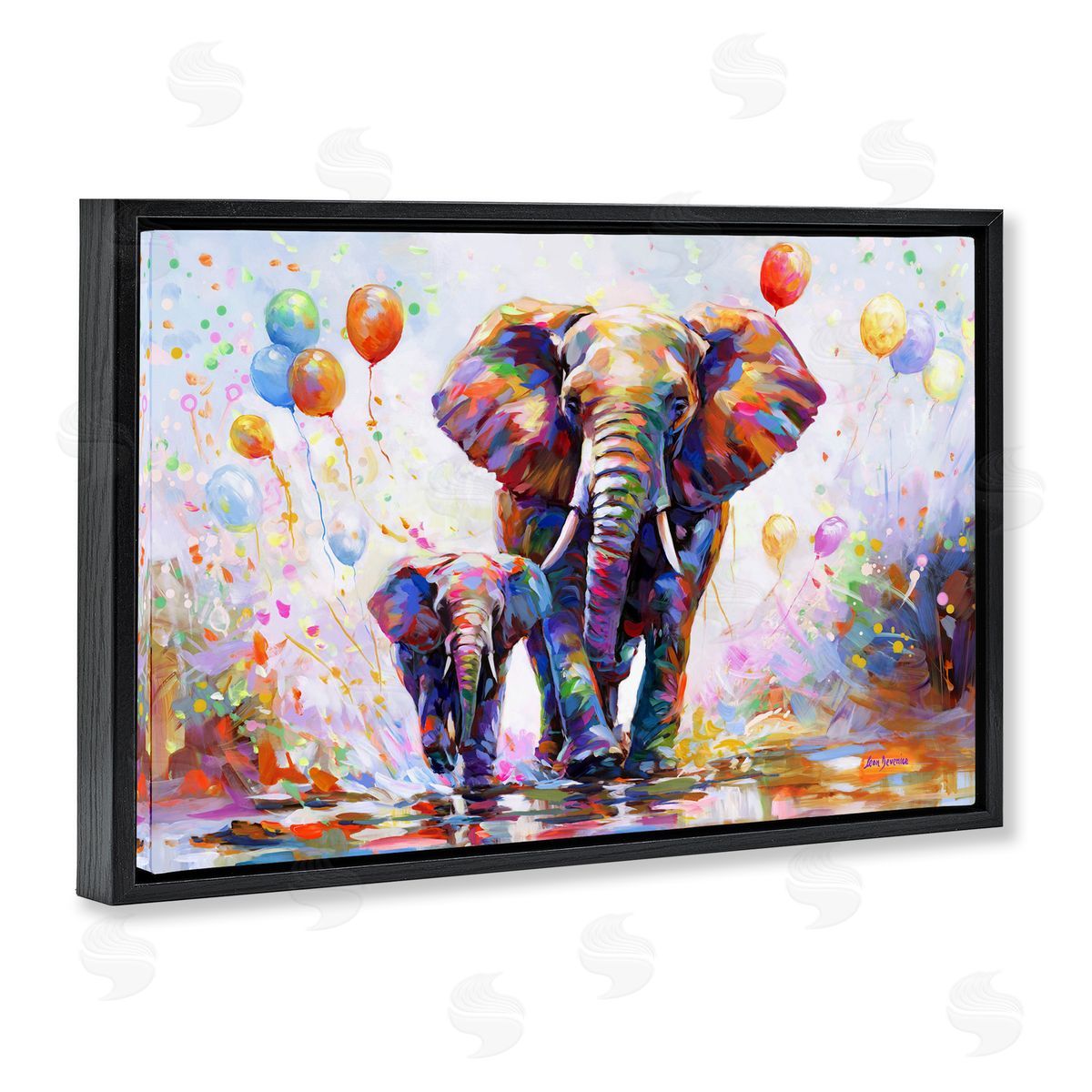 Elephants and Balloons Black Floating Frame Canvas Wall Art, Home Decor by Leon Devenice