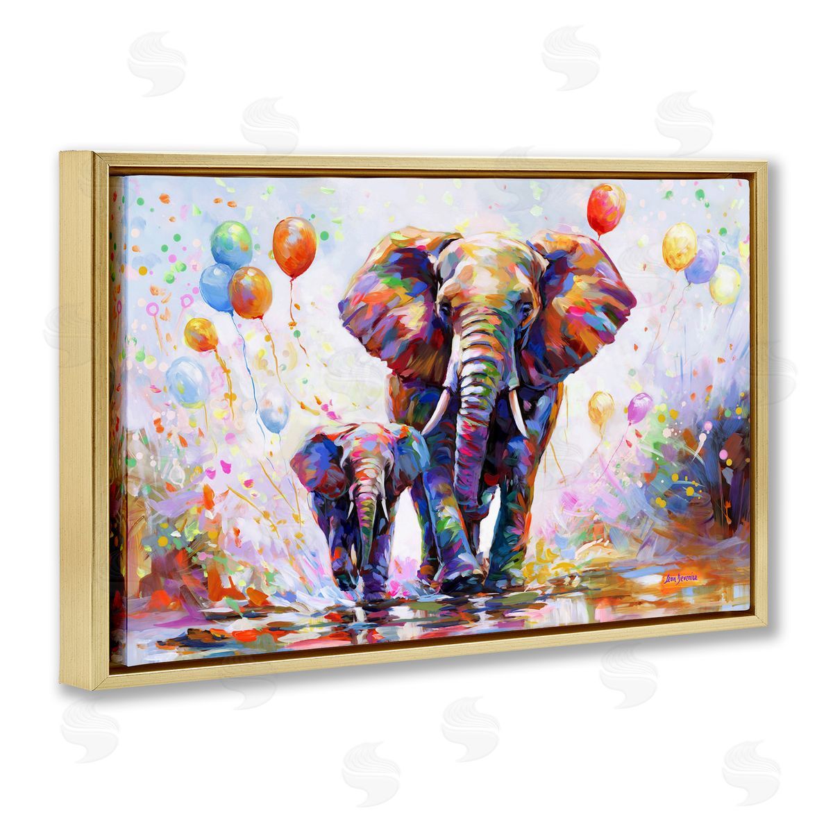 Elephants and Balloons Gold Floating Frame Canvas Wall Art, Home Decor by Leon Devenice