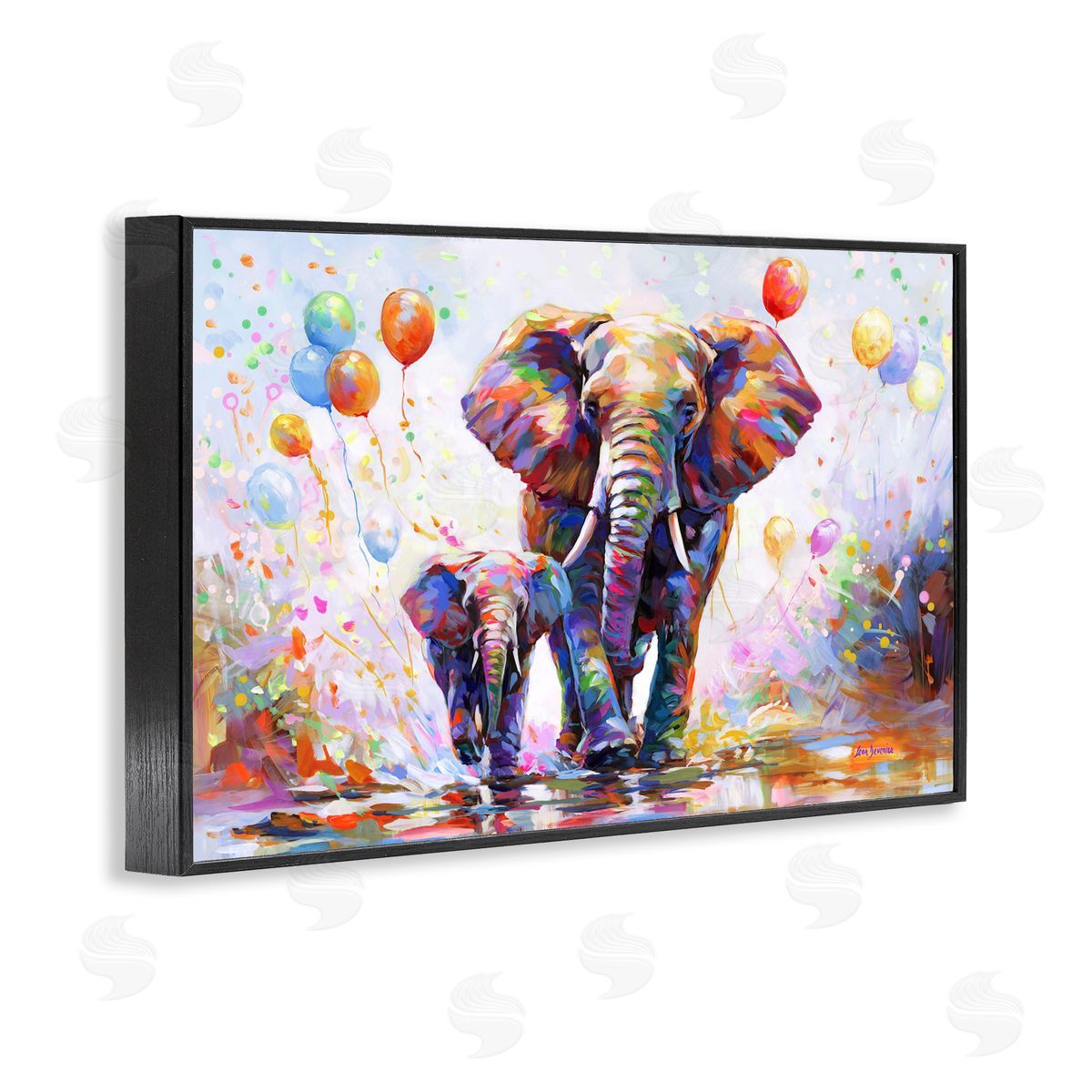 Elephants and Balloons Black Frame Print Wall Art, Home Decor by Leon Devenice