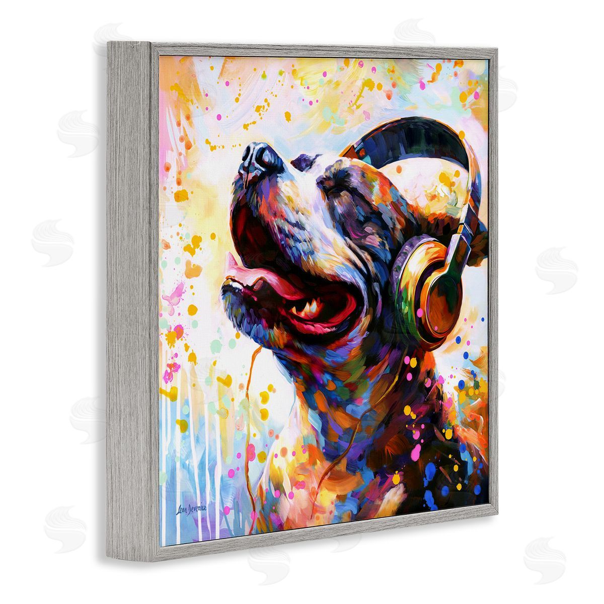 Happy Dog and Headphones Grey Frame Print Wall Art, Home Decor by Leon Devenice