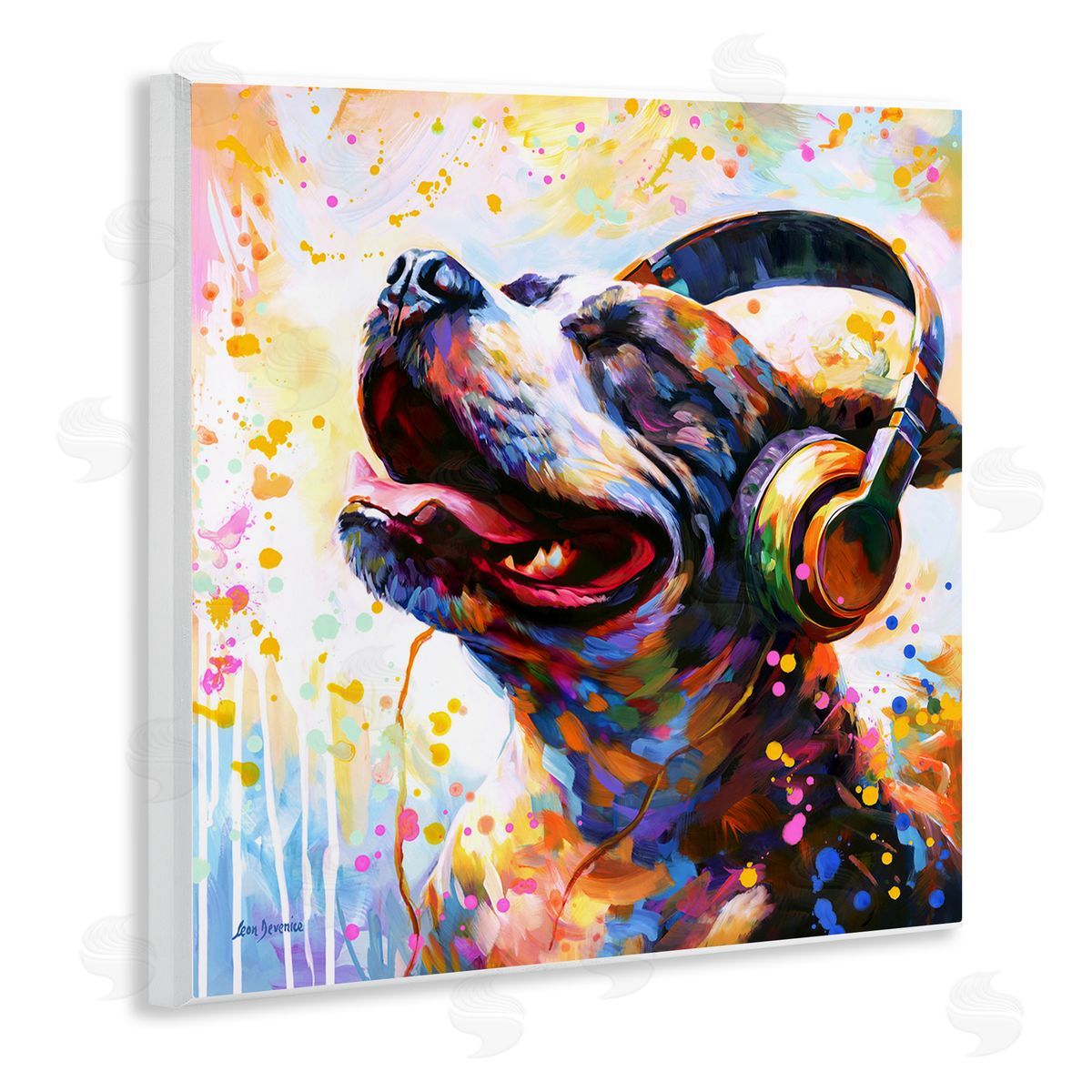 Happy Dog and Headphones Wood Plaque Wall Art, Home Decor by Leon Devenice