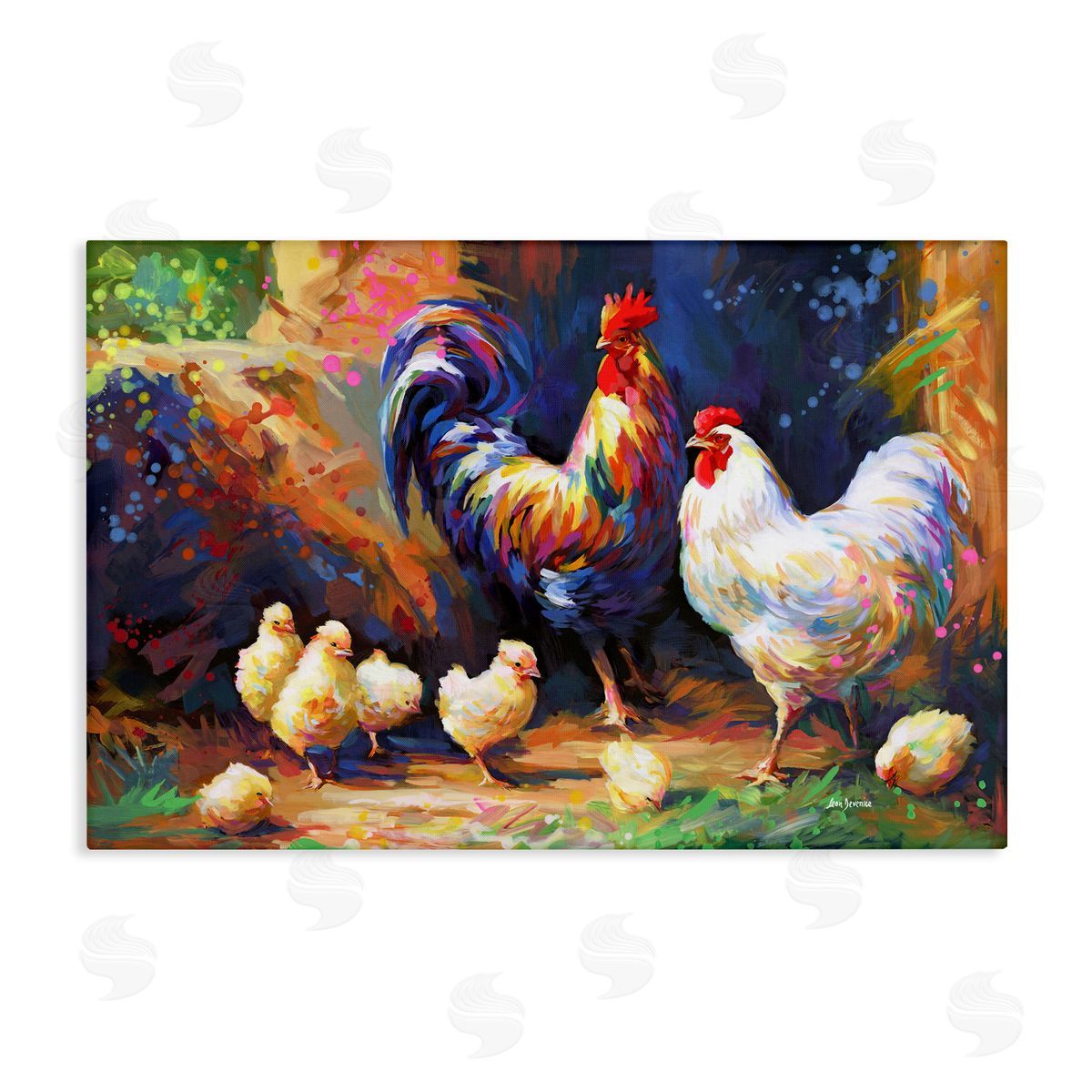Chicken Family Paint Splatter Canvas Wall Art, Home Decor by Leon Devenice