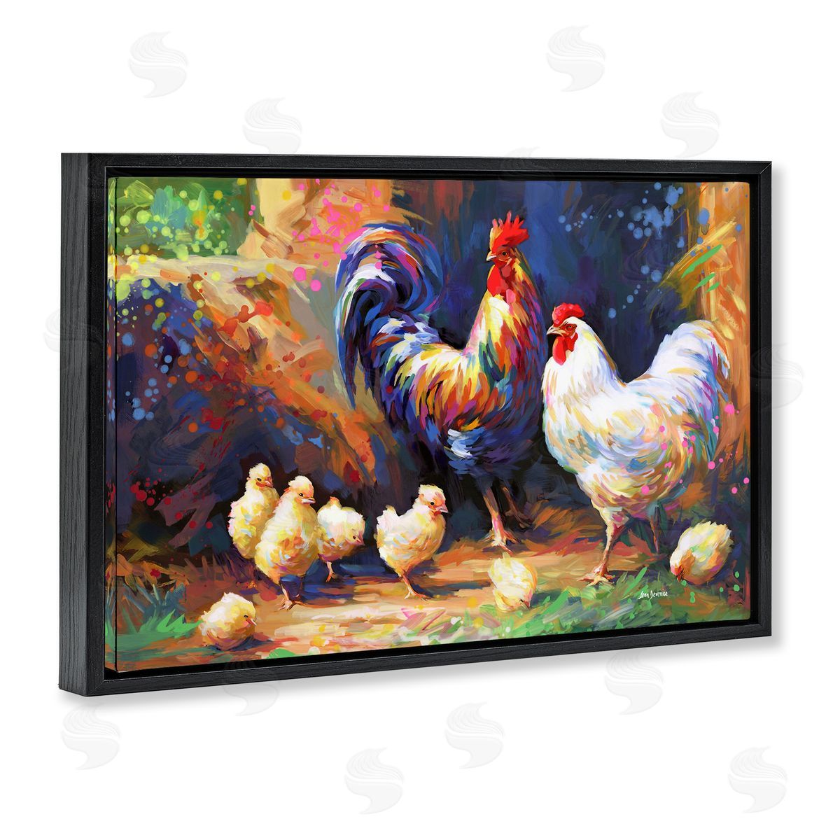 Chicken Family Paint Splatter Black Floating Frame Canvas Wall Art, Home Decor by Leon Devenice