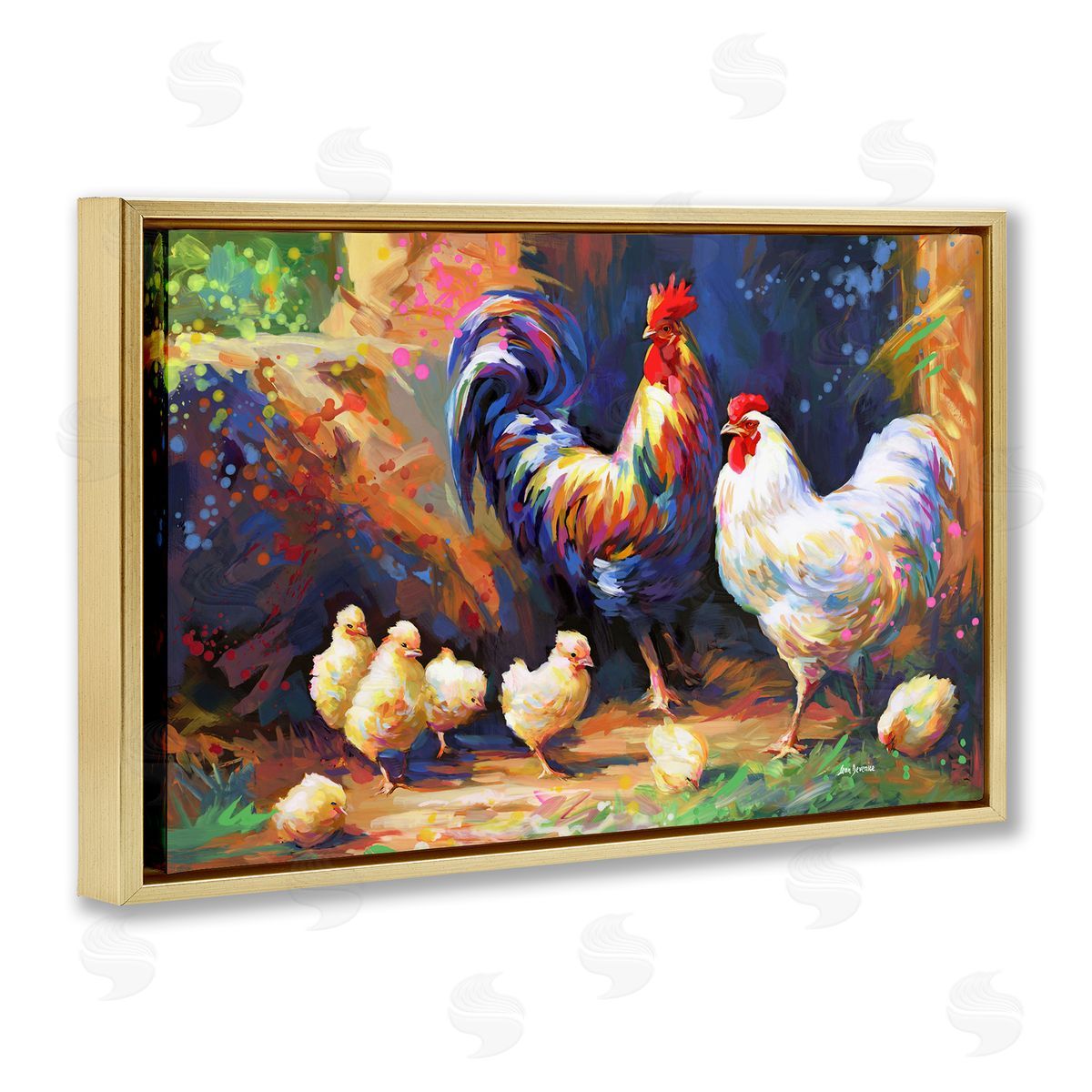 Chicken Family Paint Splatter Gold Floating Frame Canvas Wall Art, Home Decor by Leon Devenice